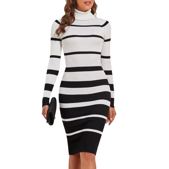 PrettyGuide Turtleneck Sweater Dress Long Sleeve Ribbed Stretch Midi Bodycon NWT - Picture 1 of 14